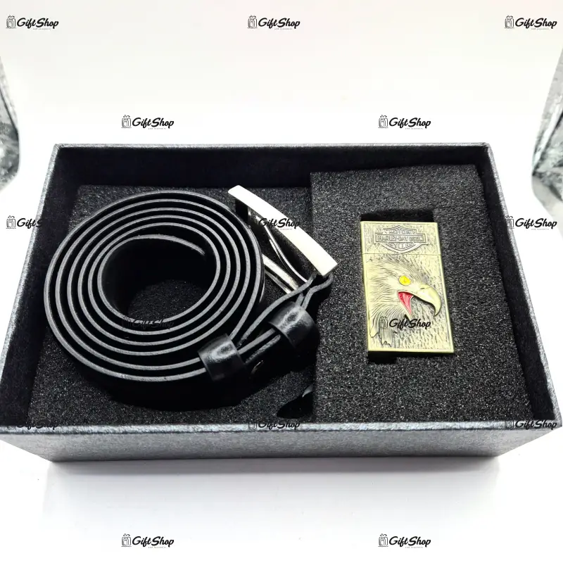 Set cadou curea piele naturala bricheta in cutie cadou c